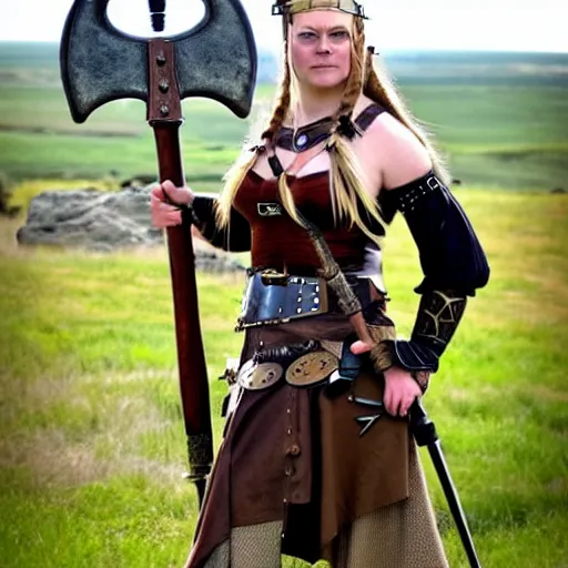Image similar to full shot photo of a real-life steampunk female viking with an axe