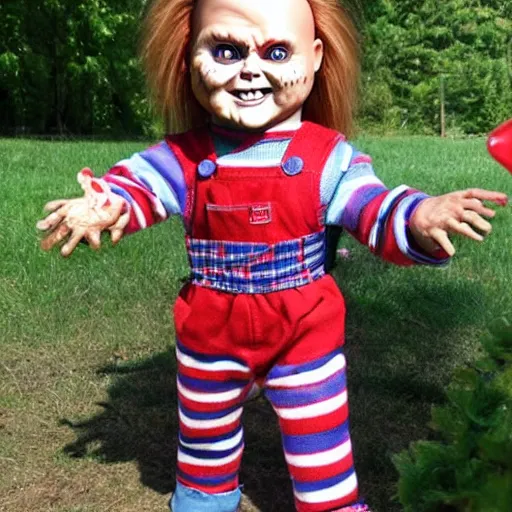 Image similar to Chucky the killer doll standing out in the yard