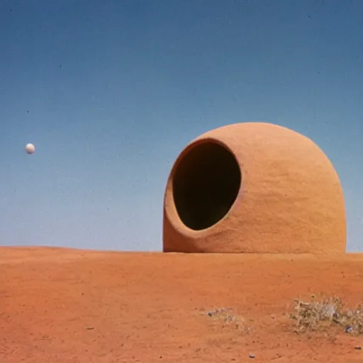 Image similar to a Non-Euclidean orb-like clay house sitting in the desert, vintage photo, beautiful cinematography, blue sky, film grain, James Turrell