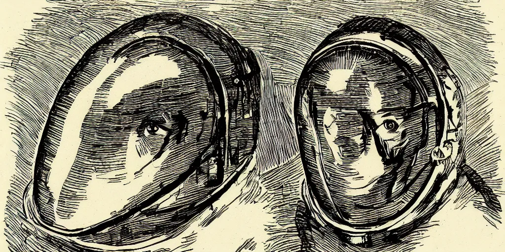 Image similar to portrait of a person wearing a space helmet, in the style of Goya etchings