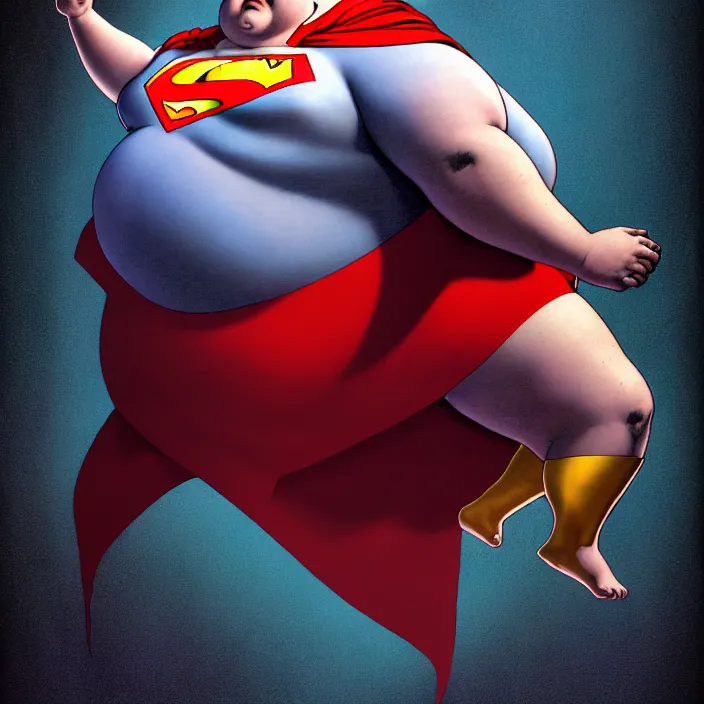 Image similar to hyperrealistic mixed media portrait of a a mordidly obese superman with his belly hanging out, stunning 3d render inspired art by P. Craig Russell and Barry Windsor-Smith + perfect facial symmetry + dim volumetric lighting, 8k octane beautifully detailed render, post-processing, extremely hyperdetailed, epic composition, grim yet sparkling atmosphere, cinematic lighting + masterpiece, trending on artstation