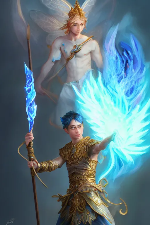 Image similar to legendary fairy prince hold flame staff, blue energy, highly detailed, d & d, fantasy, highly detailed, digital painting, trending on artstation, concept art, sharp focus, illustration, global illumination, ray tracing, realistic shaded, art by artgerm and greg rutkowski and fuji choko and viktoria gavrilenko and hoang lap