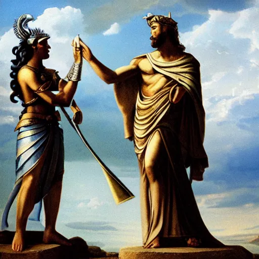 Prompt: photo of the goddess athena talking with odysseus, discussing battle strategy, photorealistic, prizewinning photo, ultradetailed, cloudy day lighting