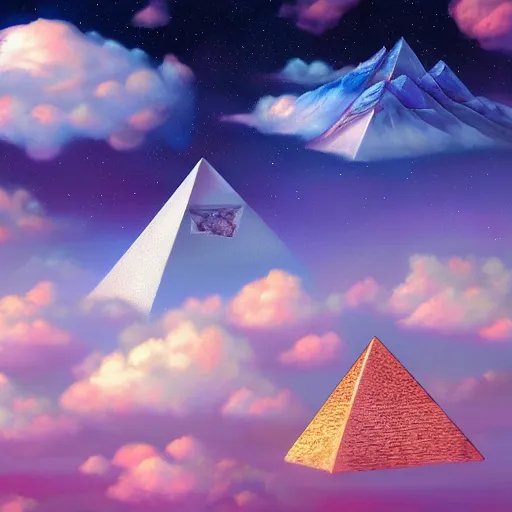 Image similar to a detailed fantasy landscape of dreamy pyramids over the pink clouds by lauri blank, artgerm, evelyn de morgan, 8K, 50mm lens