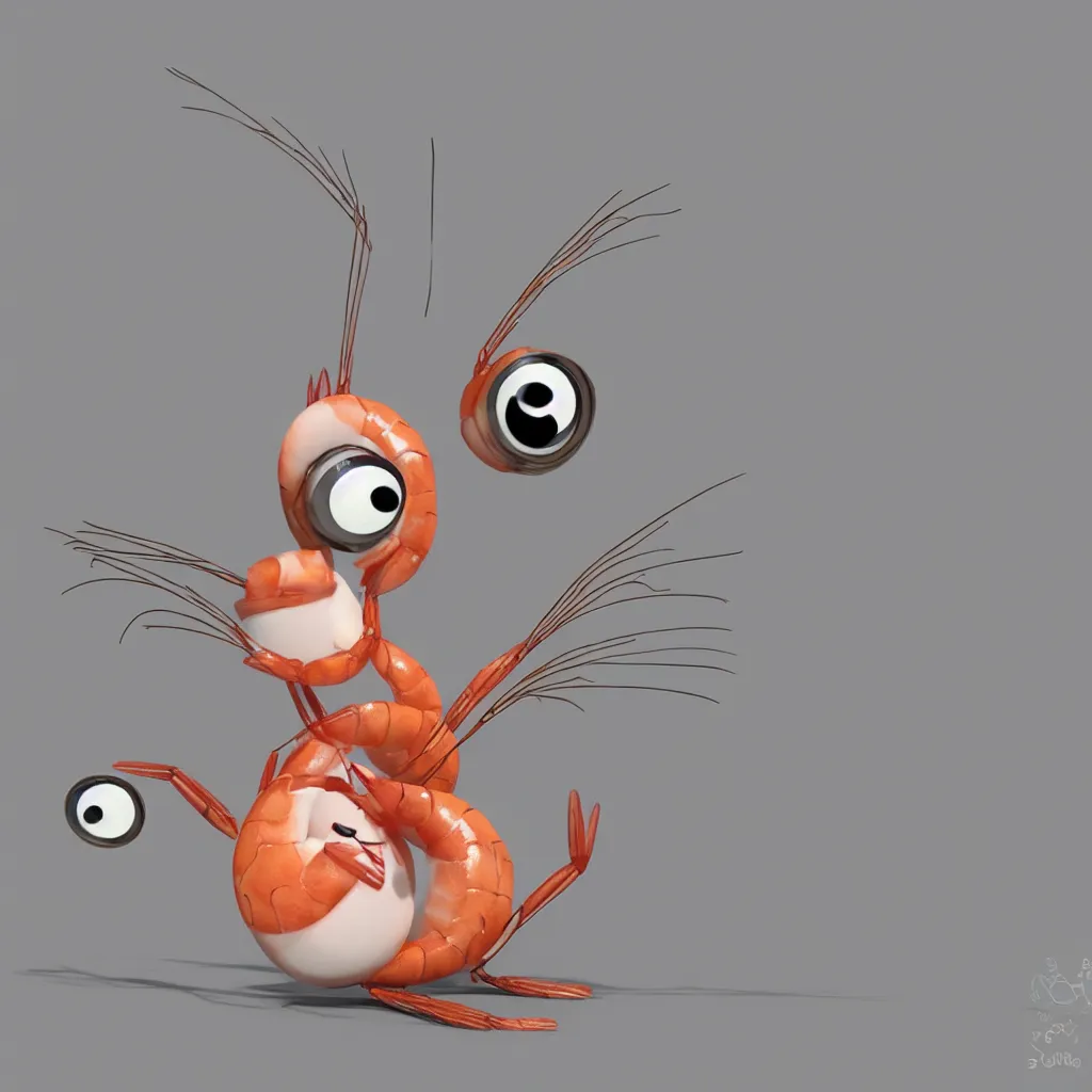 Image similar to cute shrimp character with googly eyes, 3 d, style of pixar