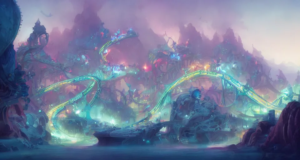 Prompt: a roller coaster with Pastel coloring by peter mohrbacher, vivid colors, matte painting, 8K, concept art, mystical color scheme, trending on artstation