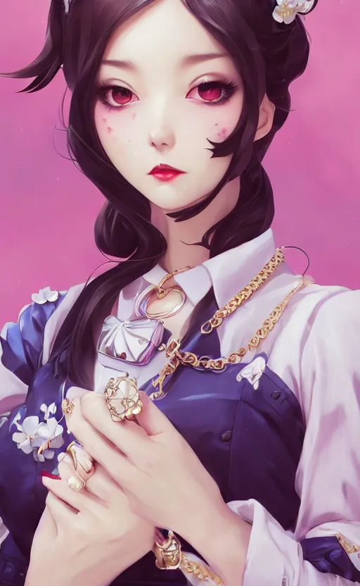 Image similar to a pin up and beautiful fashion and charming and dreamlke japan girl with lv jewelry, character art, art by artgerm lau and kyoung hwan kim and and ilya kuvshinov and john singer sargent, hyperdetailed, 8 k realistic, symmetrical, frostbite 3 engine, cryengine, dof, trending on artstation, digital art