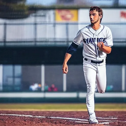 Image similar to “a realistic photo of a guy who is an attractive baseball player man who is part cyborg and part humanoid, who is a robot, Pierre Gasly”