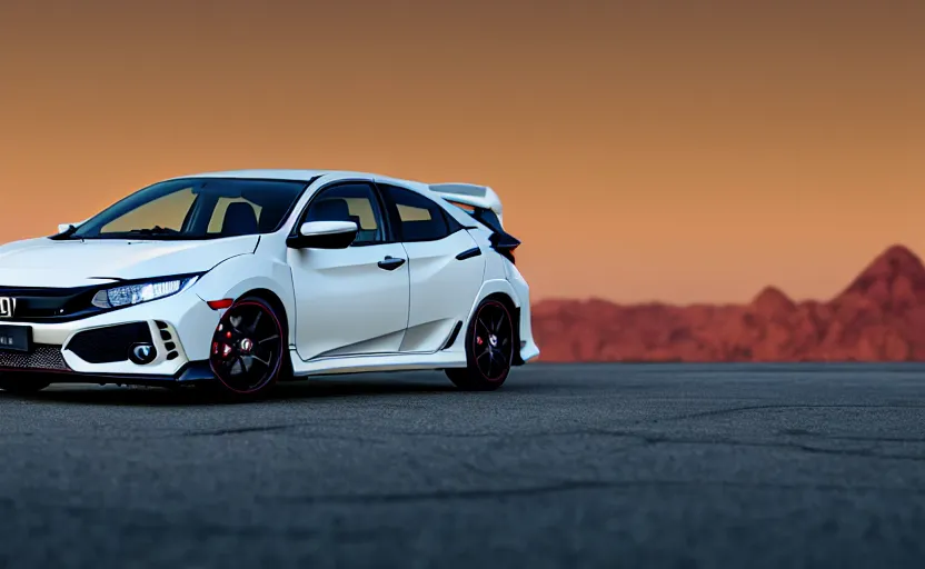 Image similar to photograph of a cell-shaded Honda Civic EK9 Type-R, surrounded by desert with a futuristic city in the horizon, sigma 85mm f/1.4, 4k, depth of field, high resolution, 4k, 8k, hd, full color