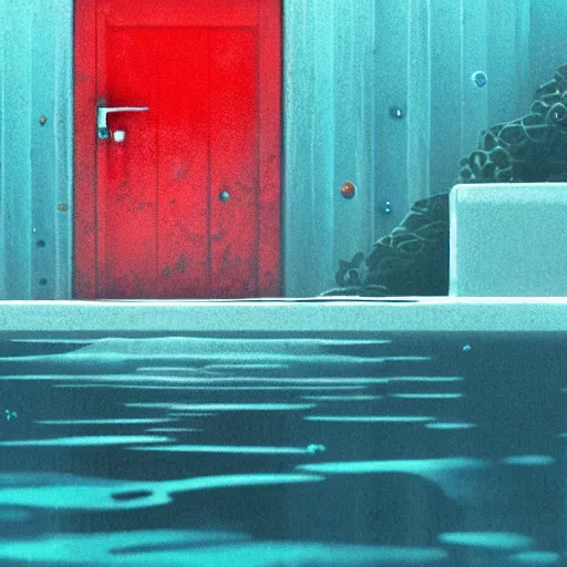 Image similar to a red door at the bottom of the ocean, ominous, deep, ethereal, dark, bubbles, marine life, details visible, octane render, in studio Ghibli style