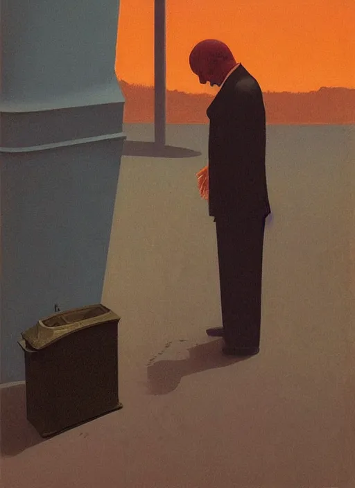 Image similar to magician with a trash over his head praying to a trash bin Edward Hopper and James Gilleard, Zdzislaw Beksinski highly detailed