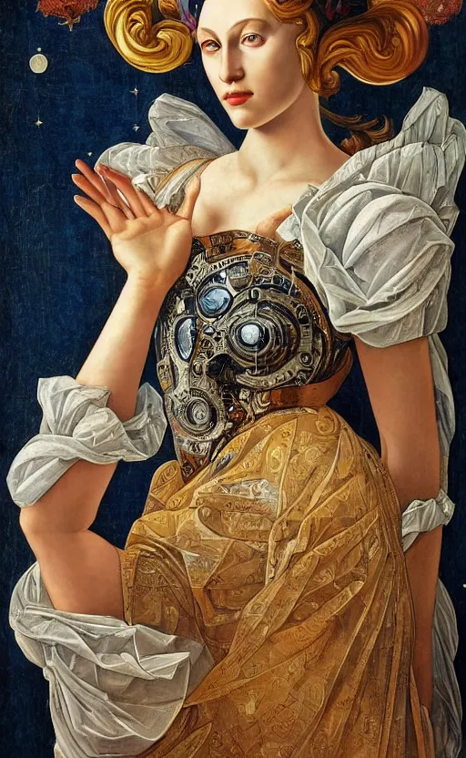 Image similar to beautifully painted mural of a stunning young cyborg muse in ornate royal garment, transparent linen fabric, space opera, beautiful ornaments, highly detailed, glowing eyes, sci fi setting, vogue cover poses, fashion magazine, mural in the style of sandro botticelli, caravaggio, albrecth durer