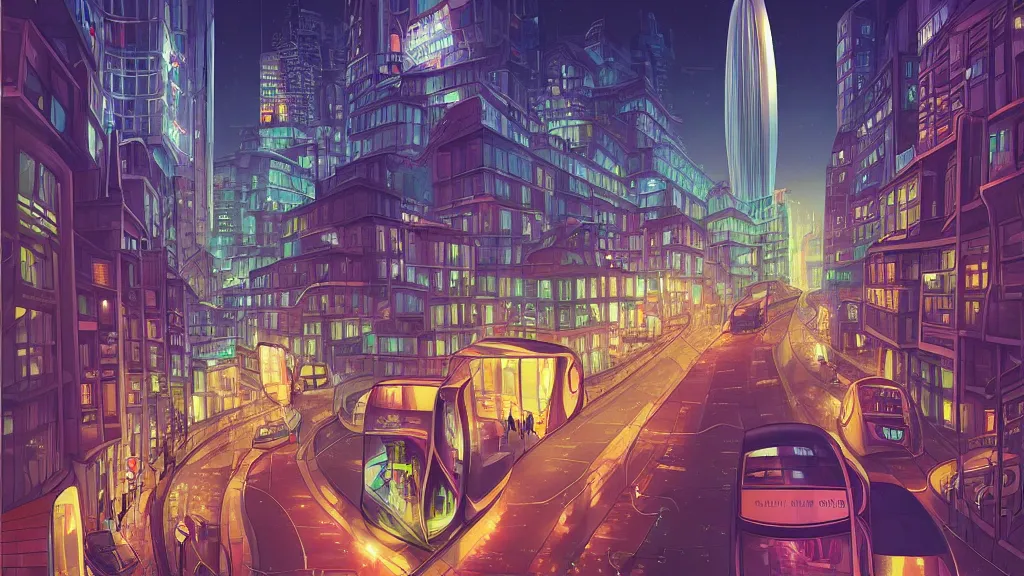 Prompt: street view of futuristic london city at night by cyril rolando and naomi okubo and dan mumford and zaha hadid. advertisements. elegant lamps. double decker bus.