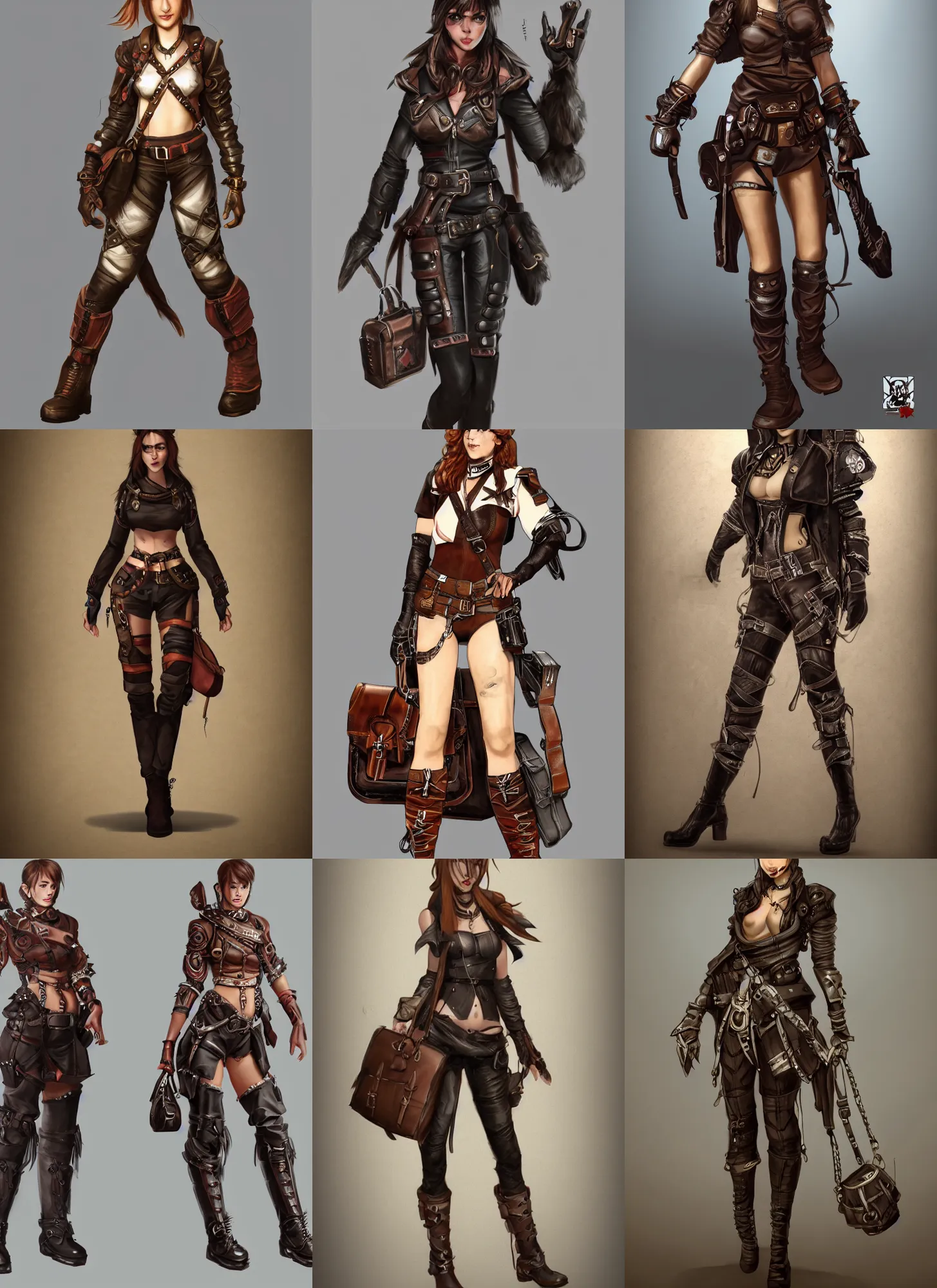 Prompt: character concept art front view of a young woman wearing a leather outfit with straps and padding and satchels and bags and holsters and decorations, elaborate, intricate, artstation hd