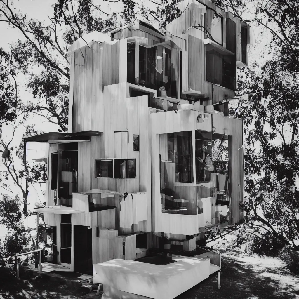 Image similar to “A perfectly centered beautiful black and white 24mm photo of mid-century retro-futuristic tiny house in Los Angeles”