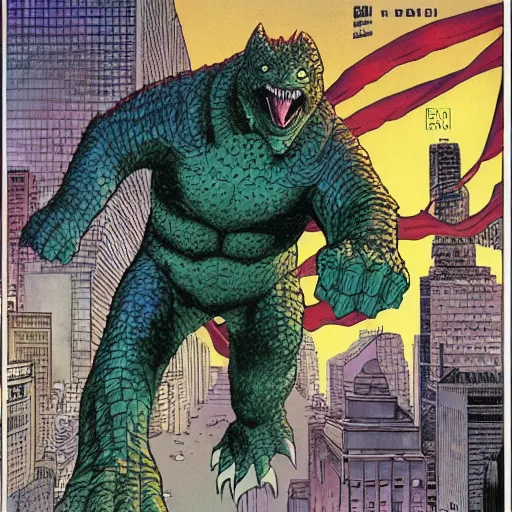 Prompt: kaiju joe biden striding across the city, marvel comics cover by moebius