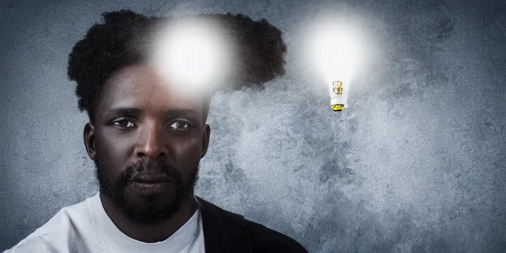 Image similar to a black man with lighting coming out of his eyes, stormy background