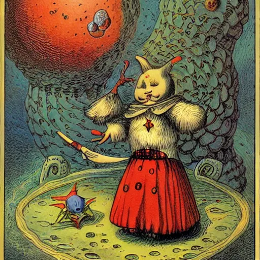 Prompt: Liminal space in outer space by John Tenniel, with weird Alice in Wonderland style creatures, colorized