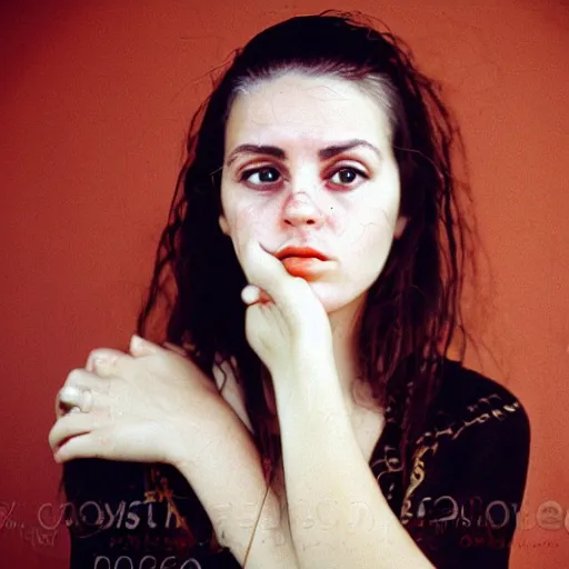 Image similar to 35mm film photo of an atractive cool alternative bosnian woman in her early 20s. beautiful face. She has dark brown hair, dark thick eyebrows, brown eyes and shoulder long hair.