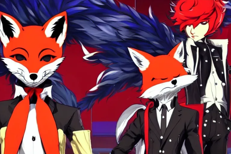 Image similar to a furry tan male fox on a persona 5 : royal ( by atlus ) video game splash screen, a furry male sandcolored tan fox fursona ( has hair ), persona 5 phantom thief style