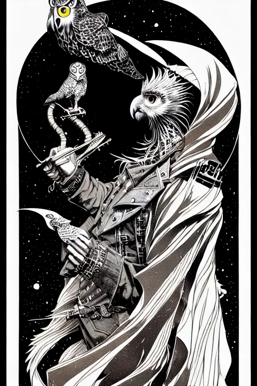 Image similar to side view of majestic steampunk alchemists cloaked wizard holding his pet owl, high details, bold line art, by vincent di fate and joe fenton, inking, etching, screen print, masterpiece, trending on artstation, sharp, high contrast, hyper - detailed,, hd, 4 k, 8 k