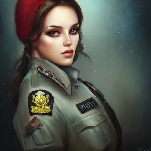 Image similar to gorgeous russian woman in police uniform by tom bagshaw, jeremiah ketner, soft lighting, solid background,