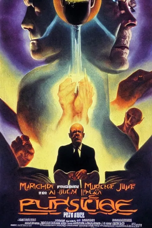 Prompt: movie poster for a film about a man with a glass of juice for a head who uses psychic powers to save the world, directed by j. michael muro, starring willem dafoe and dean stockwell, art direction by wayne barlowe, glenn fabry and frank frazetta, cinematography by robby muller ), crisp