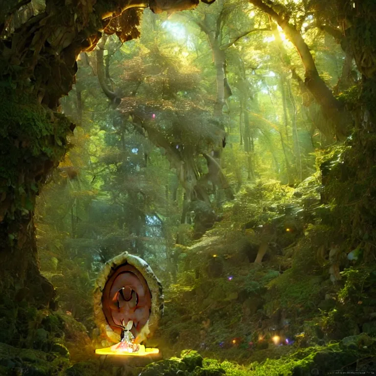 Image similar to Fantasy Magical fairy-tale glowing stone portal in the forest. Round stone portal teleport in trees to other worlds. Fantastic landscape. Magic Altar in the fores, highly detailed, digital painting, concept art, smooth, sharp focus, illustration, art by greg rutkowski and alphonse mucha