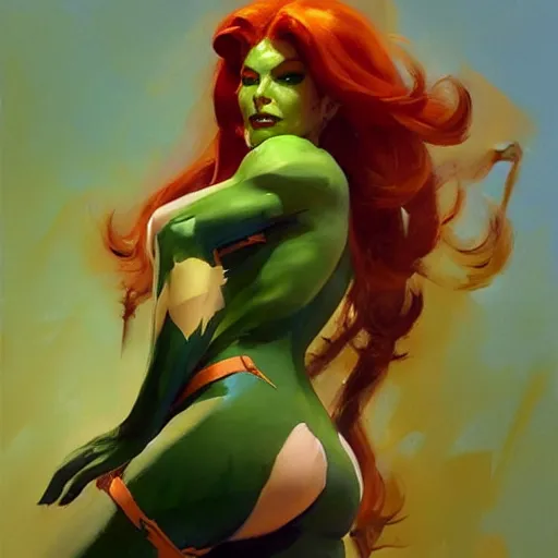 Image similar to Greg Manchess portrait painting of Poison Ivy as Overwatch character, medium shot, asymmetrical, profile picture, Organic Painting, sunny day, Matte Painting, bold shapes, hard edges, street art, trending on artstation, by Huang Guangjian and Gil Elvgren and Sachin Teng