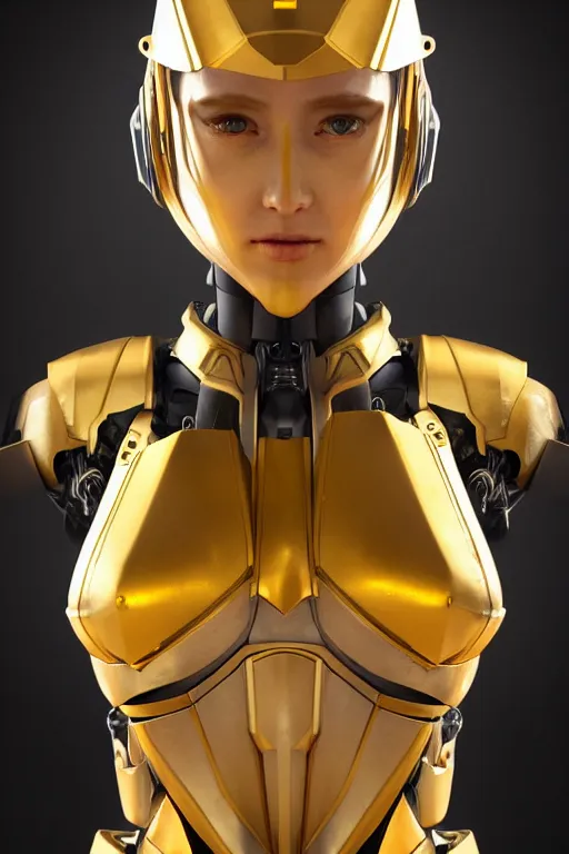 Prompt: maria of metropolis, humanoid robot, golden full body armor, beautiful helmet in the shape of a face, cyborg eyes glowing yellow, scifi, futuristic, raytracing, glowwave, sharp focus, cinematic lighting, artstation, divine, unreal engine 5 rendered, by fritz lang, art style by pixar warner bros dreamworks disney riot games and overwatch