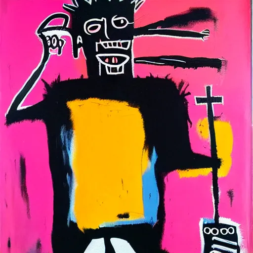 Image similar to A mirror selfie of a handsome muscular man with white angel wings and black devil horns holding an iPhone, pitchfork, full body, pink background, abstract jean-Michel Basquiat oil painting with thick paint strokes, oil on canvas, detailed