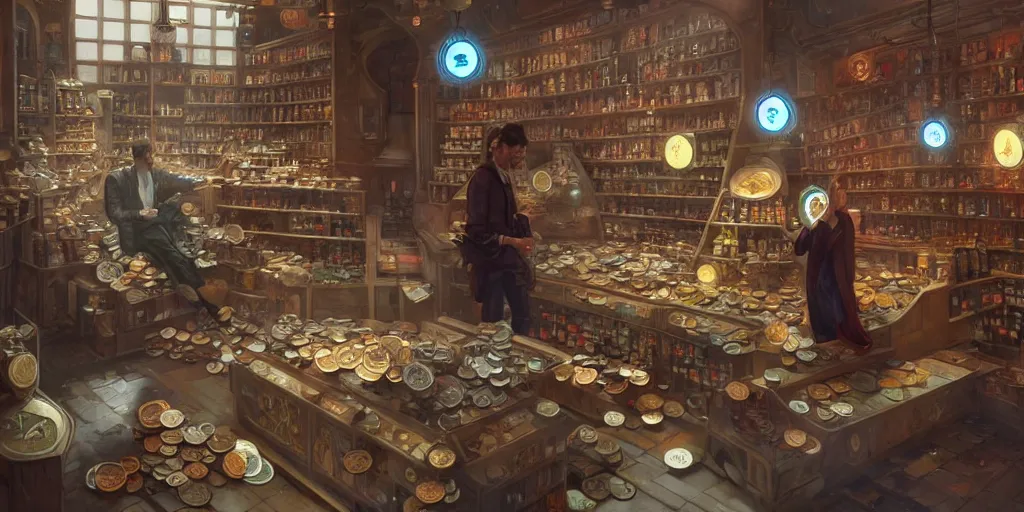 Image similar to modern coin shop with a lot of coins, 4 k, octane, digital painting, artstation, concept art, sharp focus, illustration, art by artgerm and greg rutkowski and alphonse mucha