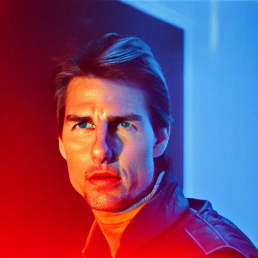 Prompt: photo tom cruise in dark room, blue neon lighting, cinestill, 800t, 35mm, full-HD