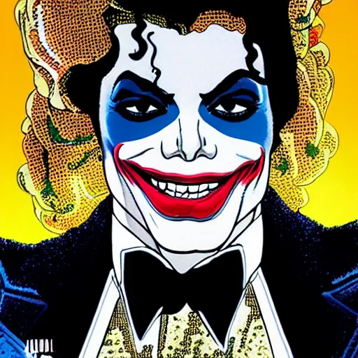Image similar to dynamic macro head portrait of beautifu michael jackson as the joker in white sequined jacket by john romita sr and cory walker and ryan ottley and jack kirby and barry windsor - smith, comic, illustration, photo real