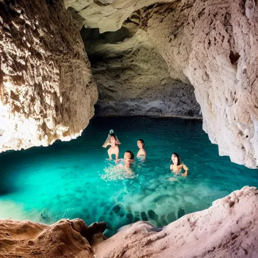 Image similar to photo of spelunkers exploring a beautiful majestic cave full of geodes, crystals, and gemstones. there is a natural pool of turquoise water. professional journalistic photography from national geofraphic.