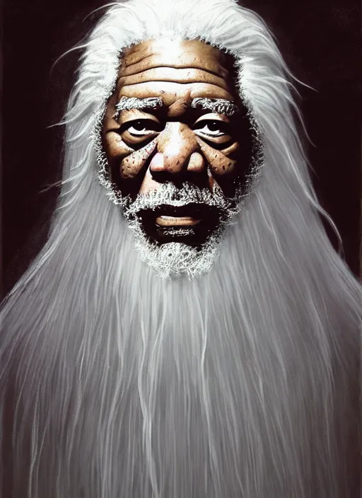 Prompt: medium camera shot of evil morgan freeman as evil wizard saurman the white, long white hair and white beard, beautiful pure white warlock flowing robes, by alan lee, lord of the rings, smooth, oil painting, matte painting, concept art, trending on artstation, promotional artwork, film still, elegant, photorealistic facial features, intricate, detailed face, dramatic lighting