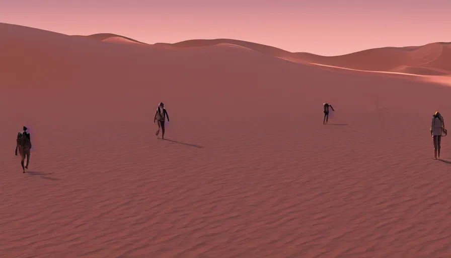 Image similar to survivors walking in desert, sand dunes, heat wave, wide view, hyperdetailed, artstation, cgsociety, 8 k