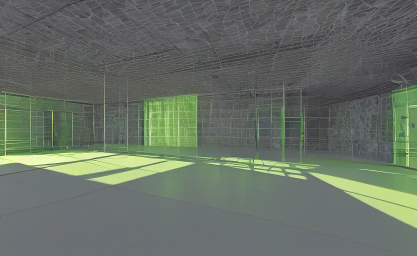 Image similar to empty room, open shiny floor, big solid colourful 3 d shapes, green house unreal engine and v - ray render.