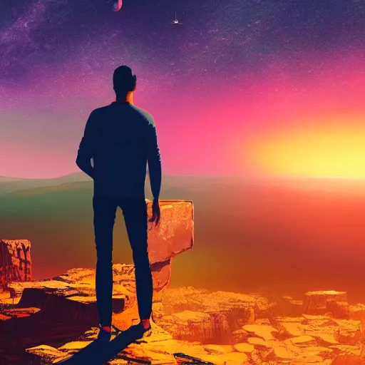 Image similar to a man standing on a cliff looking at the stars in the sky, a matte painting by alena aenami, unsplash, space art, outrun, synthwave, retrowave