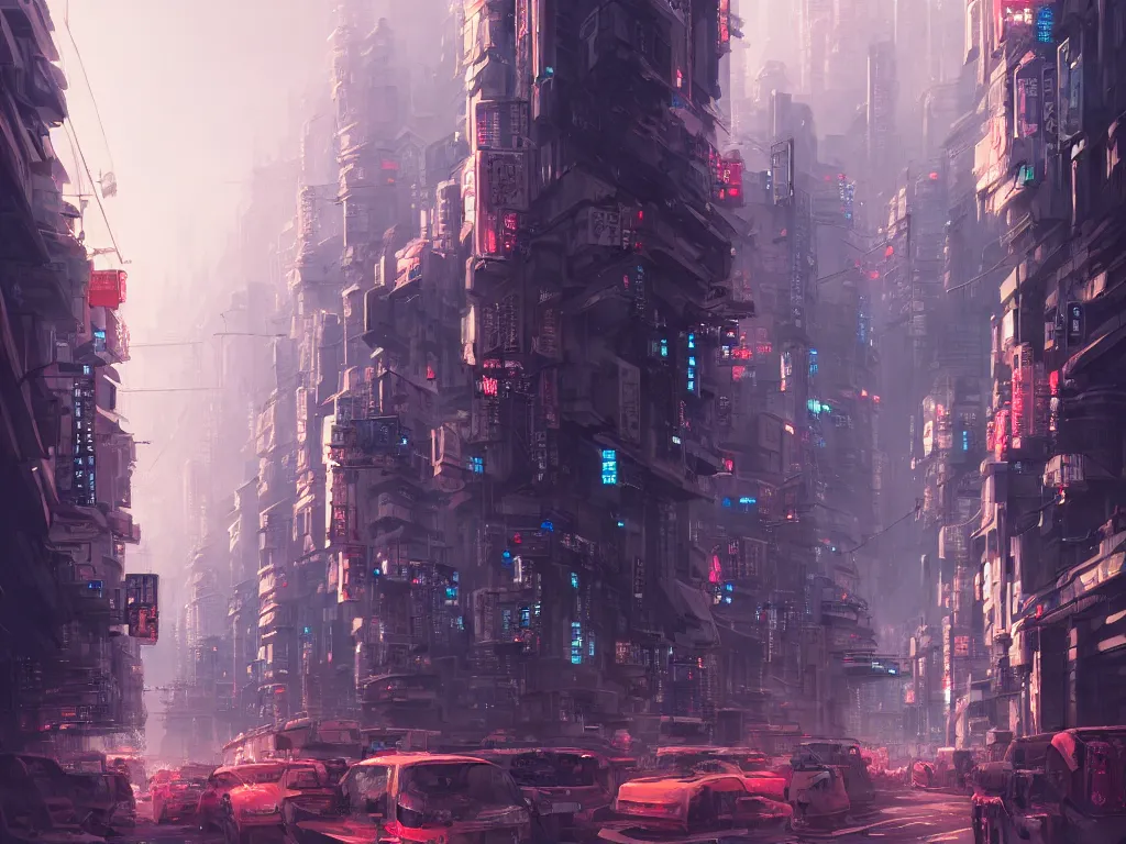 Prompt: Beautiful matte painting of an Epic street scene of a beautiful futuristic Tokyo, lots of signs, gigantic military skyscrapers, edge highlights, by Rui Huang and Alena Aenami and WLOP, Marc Simonetti, Street level view, illustration, concept art, cgsociety, trending on artstation