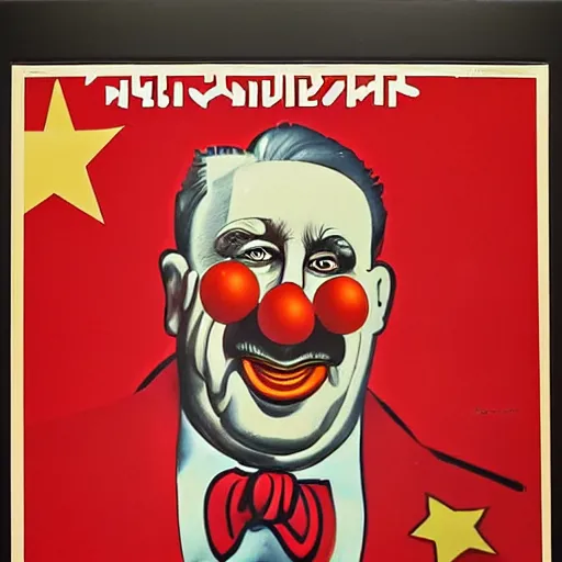 Image similar to communist clown portrait, soviet propaganda poster