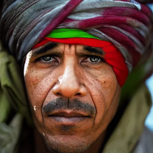 Image similar to portrait of president barack obama as afghan man, green eyes and red turban looking intently, photograph by steve mccurry