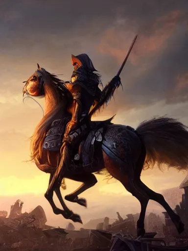Prompt: the grim reaper, riding a horse trought a destroyed city. the sun starting to rise during the twilight in the background. intricate, elegant, highly detailed, digital painting, artstation, concept art, sharp focus, illustration, by justin gerard and artgerm, 8 k