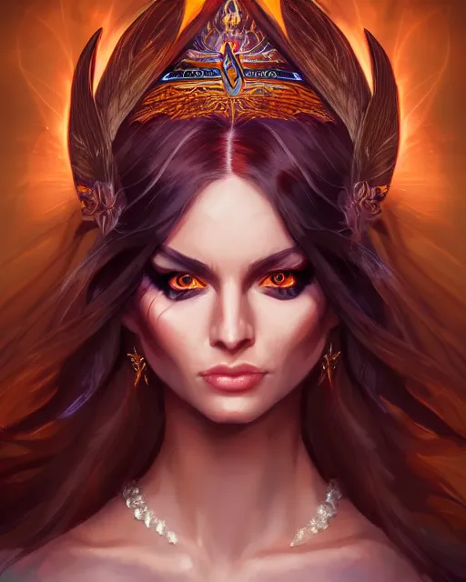 Prompt: auburn supermodel portrait with high cheekbones and fierce eyes, magical flower priestess, halo of light, WLOP and Artgerm, artstation