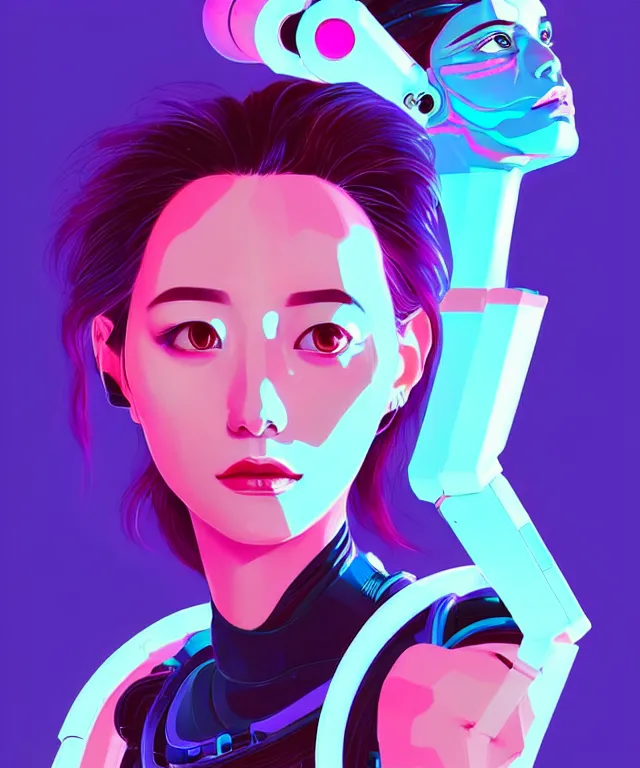 Image similar to beautiful portrait of momo from twice as a sci fi woman, with chaotic vaporwave aesthetic half human half robot, concept art by james gilleard, artstation, cgsociety, synchromism, 8 0 s animation flat cell shaded. with thick black pencil lines!!!!