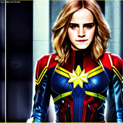 Image similar to Emma Watson modeling as Captain Marvel, (EOS 5DS R, ISO100, f/8, 1/125, 84mm, postprocessed, crisp face, facial features)