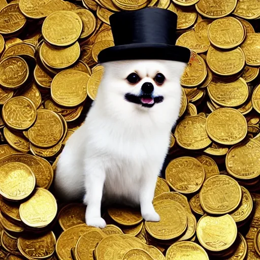 Image similar to A pomeranian wearing a top-hat, sitting on top of a large pile of gold coins