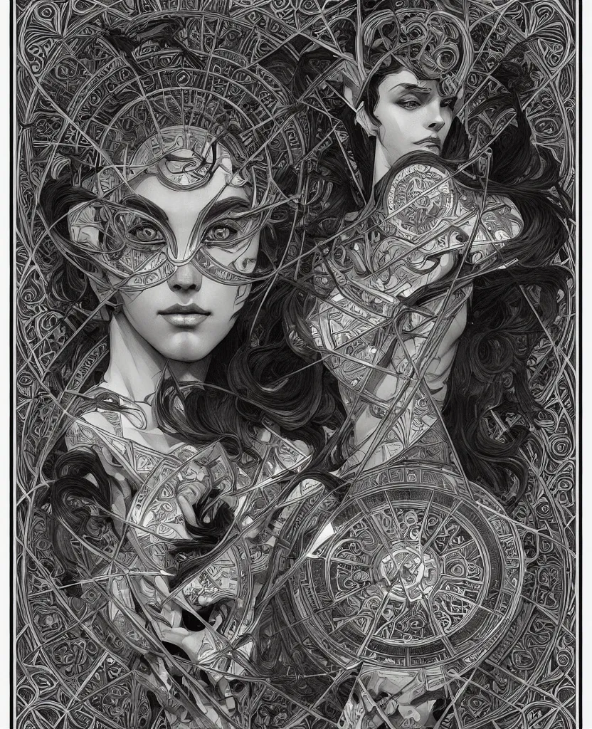 Image similar to black and white illustration of geometrical alchemical glyphs, deep focus, intricate, elegant, highly detailed, pen and ink style, artstation, concept art, matte, sharp focus, art by artgerm and greg rutkowski and alphonse mucha