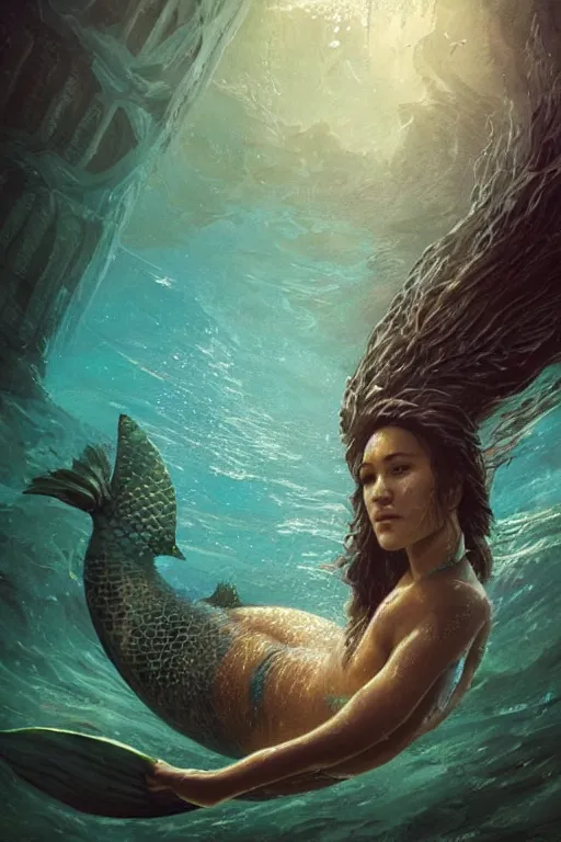 Image similar to a beautiful image of q'orianka kilcher as a mermaid swimming in a fantastic underwater city, hyper realistic face, full body, beautiful eyes, fantasy art, in the style of greg rutkowski, intricate, hyper detailed, smooth
