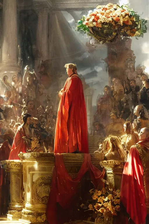 Image similar to beautiful oil painting, steve buscemi in royal crimson robes enthroned as the god emperor of ancient rome a golden wreath upon his head, by anders zorn, wonderful masterpiece by greg rutkowski, beautiful cinematic light, american romanticism, by thomas lawrence, greg rutkowski